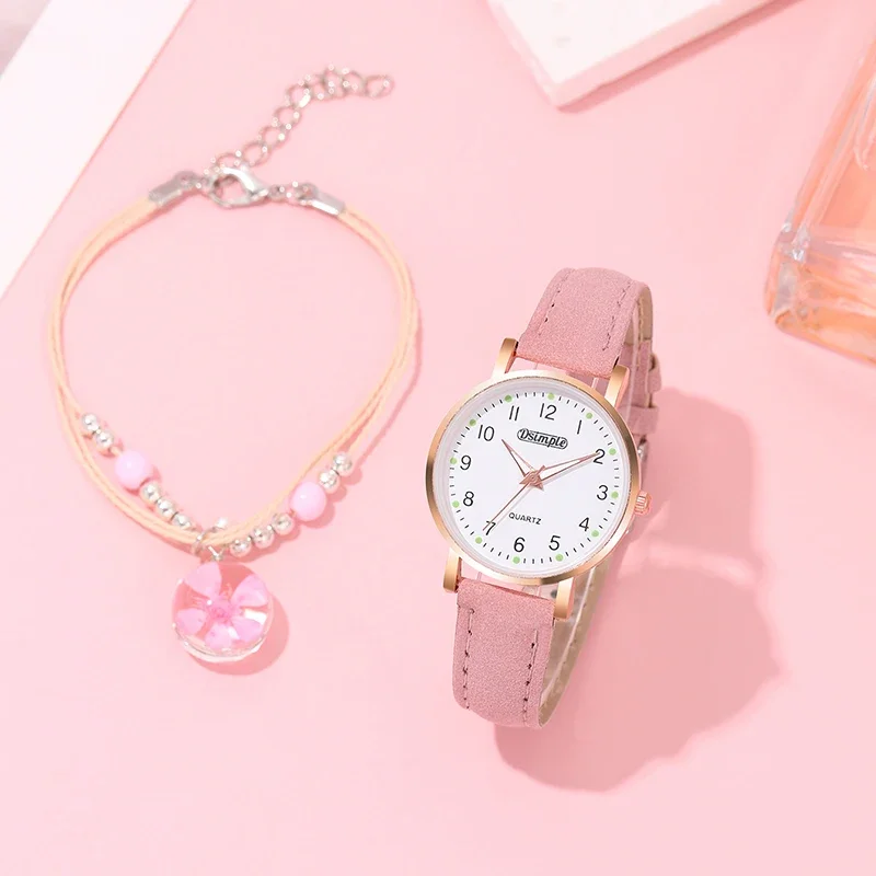 2PCS Women Pink Watches Bracelet Set Girls Gift Fashion Leather Quartz Watch Student with Bracelet for Womens Reloj Mujer