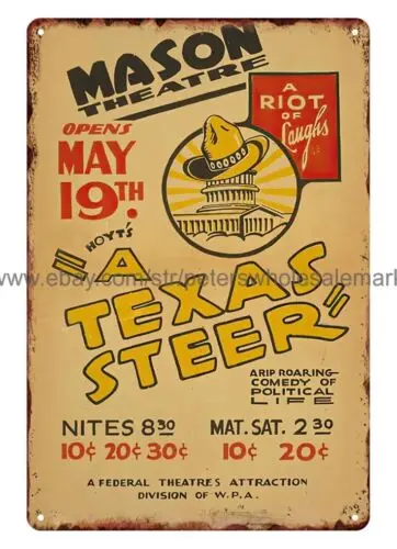 1936 Hoyt's A Texas Steer at the Mason Theatre cowboy hat Capitol metal tin sign