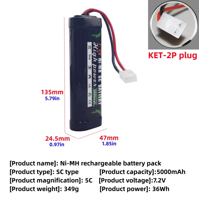 7.2V 5000mAh KET-2P spina NiMH batteria + caricabatterie USB per RC Truggy Buggy Tank, ad alta potenza con connettore Tamiya accessori batteria