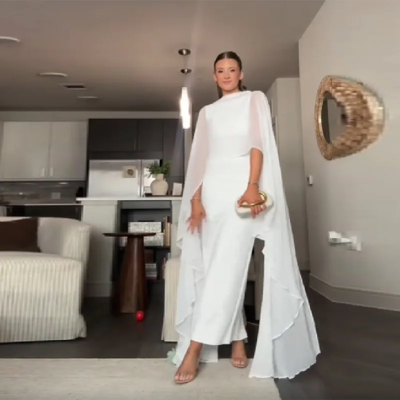 Elegante Vestido Maxi Blanco con Capa, Ajustado, para Mujer, con Manga Capa, Cuello Redondo, Vestido Ceñido al Cuerpo, Vestido de Fiesta Chic de Verano 2026 para Dama