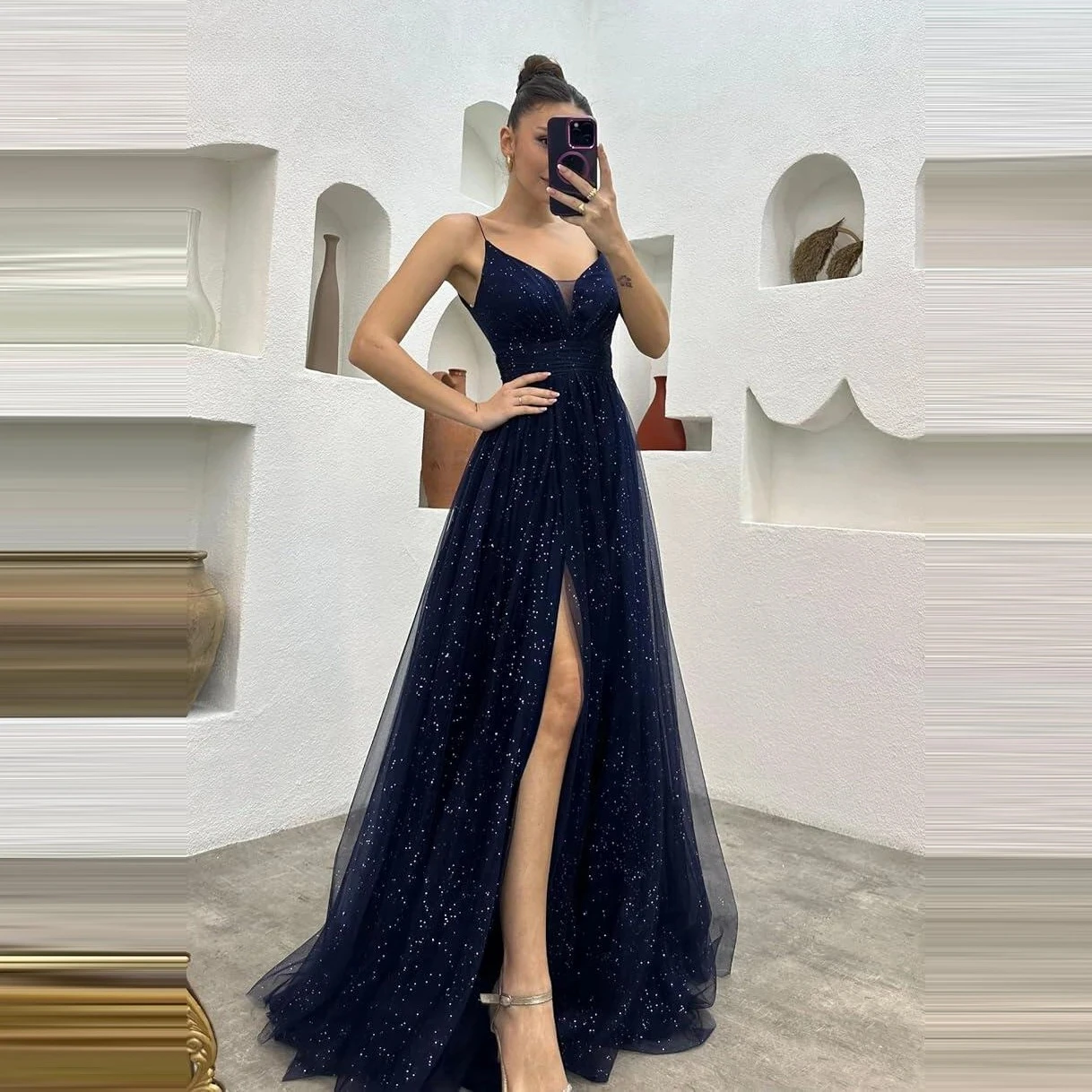 

Sparkly Tulle Prom Dress Pleated A-Line Evening Dresses for Women 2025 Sexy Spaghetti Strap Sleeveless Long Party Gown with Slit