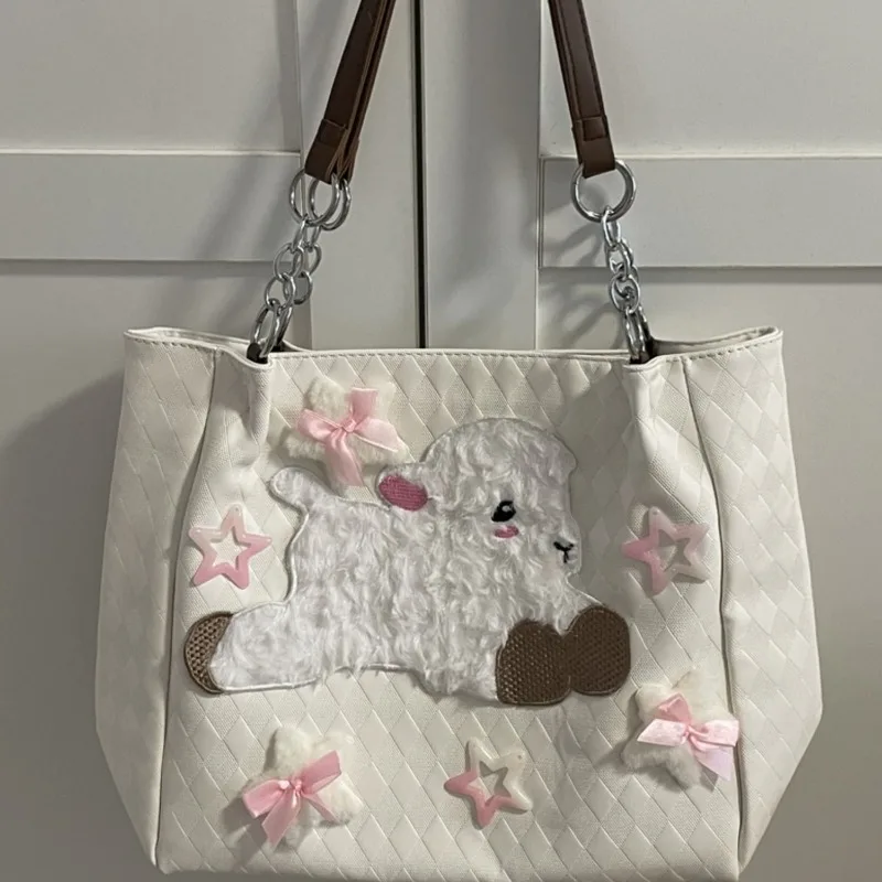 Xiuya Cute Sheep Print Handbags for Women Sweet High Capacity New Tote Bags Korean Style Fashion Canvas Underarm Shoulder Bag