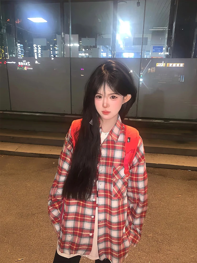 

Ретро-пальто в клетку с длинными рукавами для женщин, летнее, тонкое, с защитой от солнца, свободного кроя, в уличном стиле, с надписями, повседневное, для пар