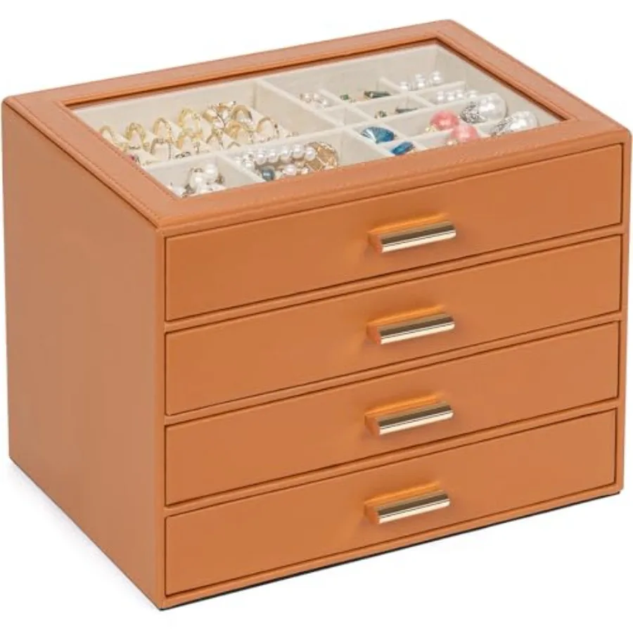 

Jewelry Box with Clear Lid Functional Leather Jewelry Storage Organizer Case 4 Drawers for Women Girls Necklace Ring Bracelet E