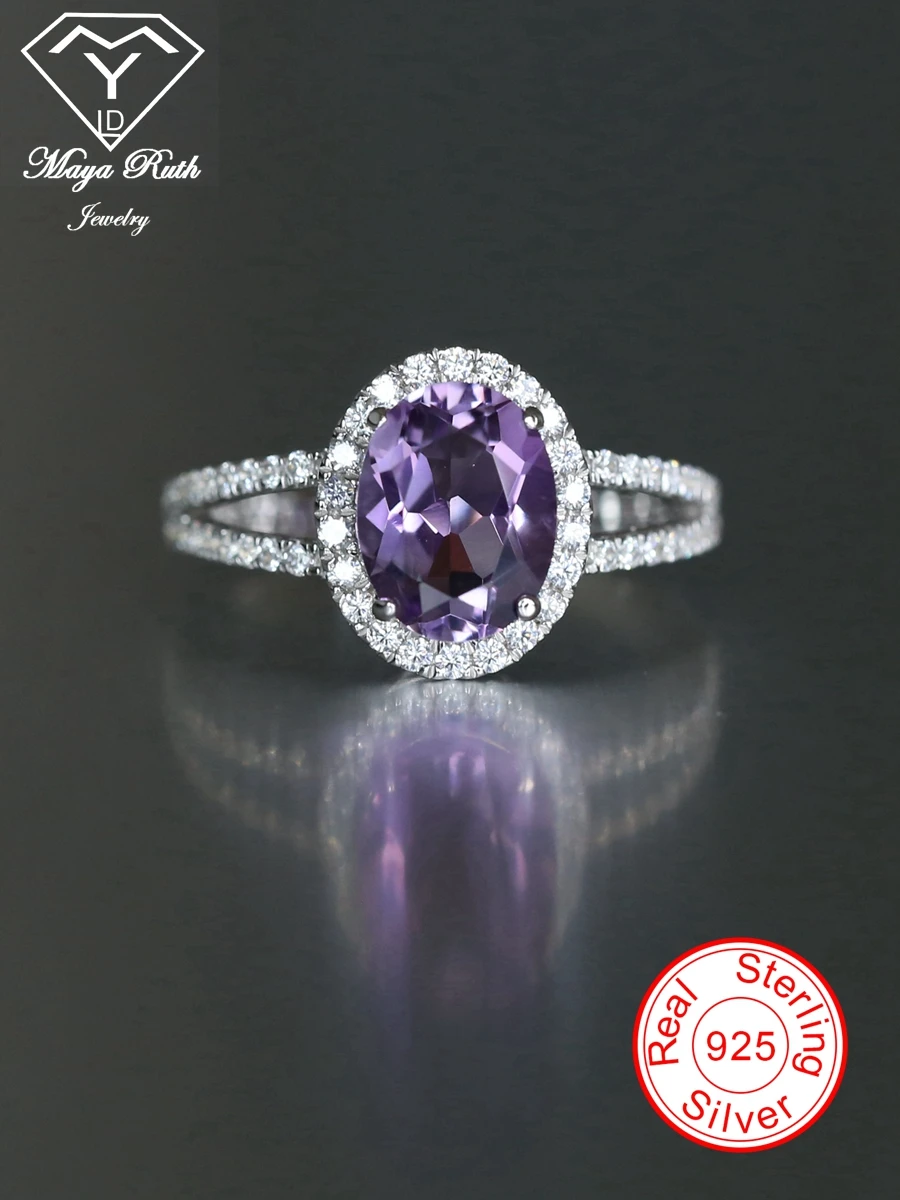 

Natural Amethyst Crystal Cocktail Halo Ring For Women Purple Color Echt 925 Sterling Silver Party Anniversary Gift Female Oval