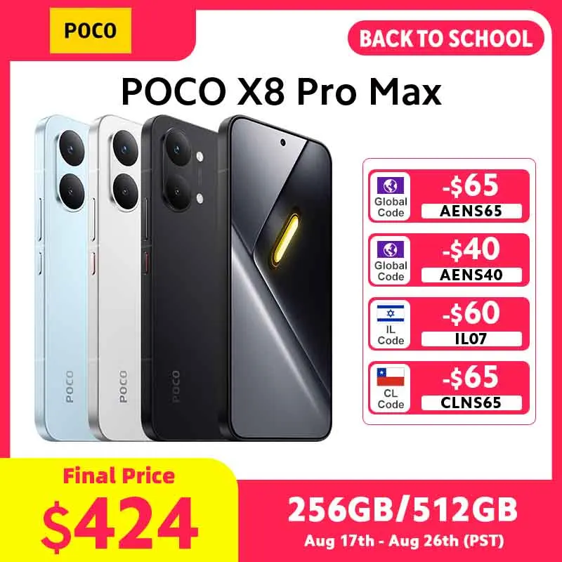 Глобальная версия смартфона POCO X8 Pro Max 5G с процессором Dimensity 9500s, 6.83-дюймовым 1.5K дисплеем с частотой обновления 120 Гц, быстрой зарядкой 100W HypeCharge, аккумулятором 8500 мАч и поддержкой NFC.