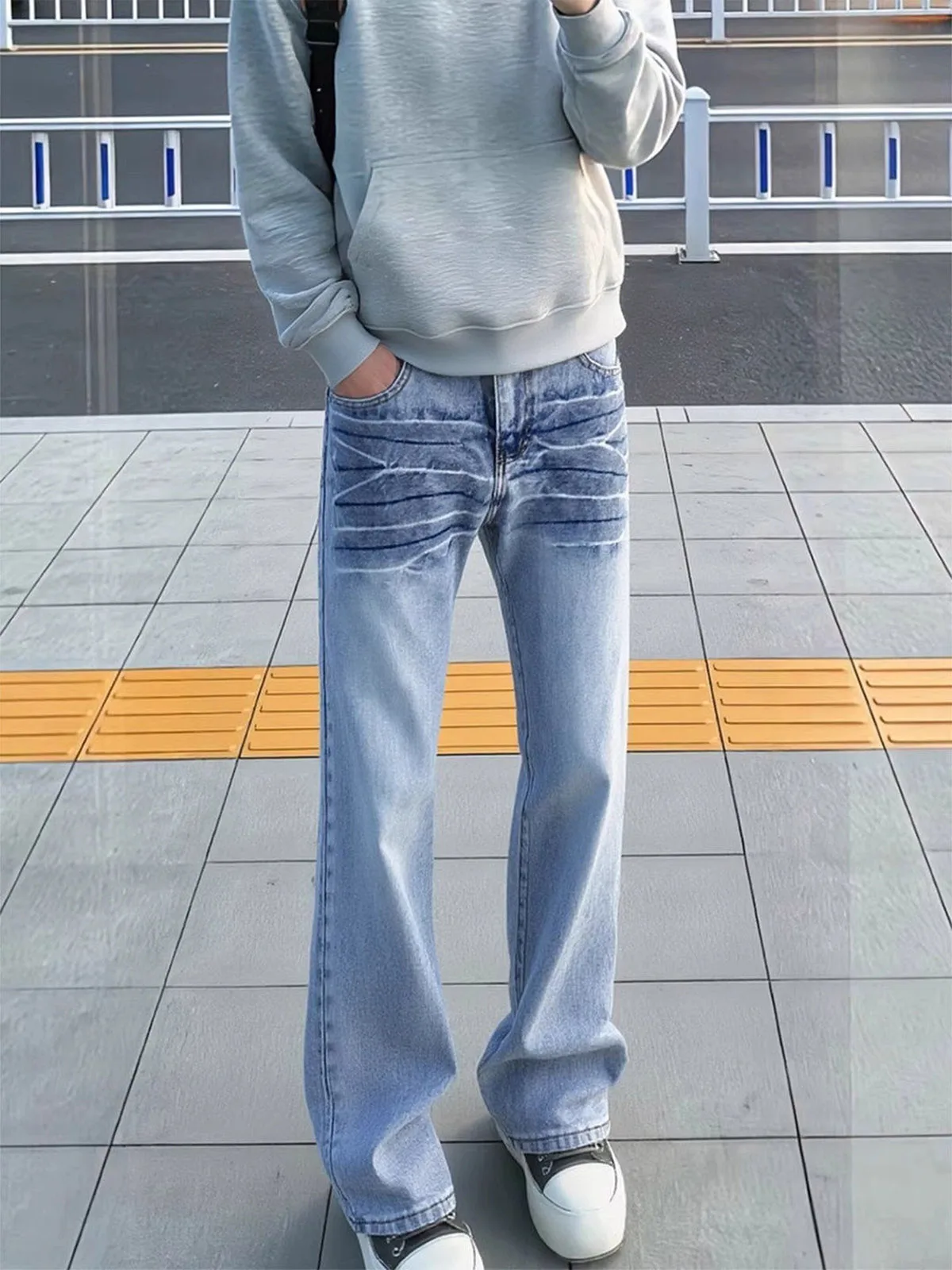 

Blue Straight Leg Lightning Pattern Denim Jeans ex Spring Sle Slimming American Fit mid Waist Zipper Casual Jeans