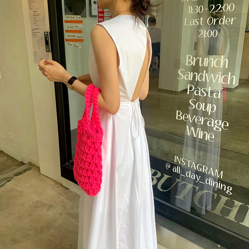 Backless Lace Up Waist Mid Length White Vest Dress Women Clothing 2024 Summer Midi Vestidos De Mujer Shirts Pocket Y2k