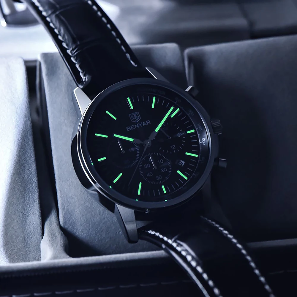 Top BENYAR original fashion waterproof leather quartz watch men's outdoor military multifunctional dial Gift watch men's reloj