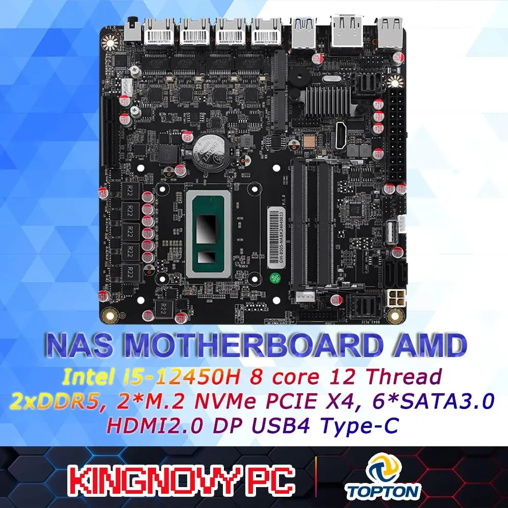 

Материнская плата NAS с 6 отсеками AMD Брандмауэр VPN Маршрутизатор Intel i5-12450H 8-ядерный 12-ниточный DIY 2xSFF-8643 HDMI2.0 DP USB4 Type-C ITX 17x17CM