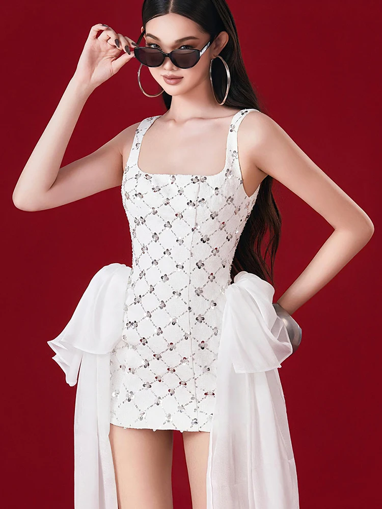 فستان Cutenew مثير بشريط شبكي للنساء مزين بالترتر وياقة مربعة بدون أكمام أنيق وحفلات أعياد الميلاد والنوادي الصغيرة #1