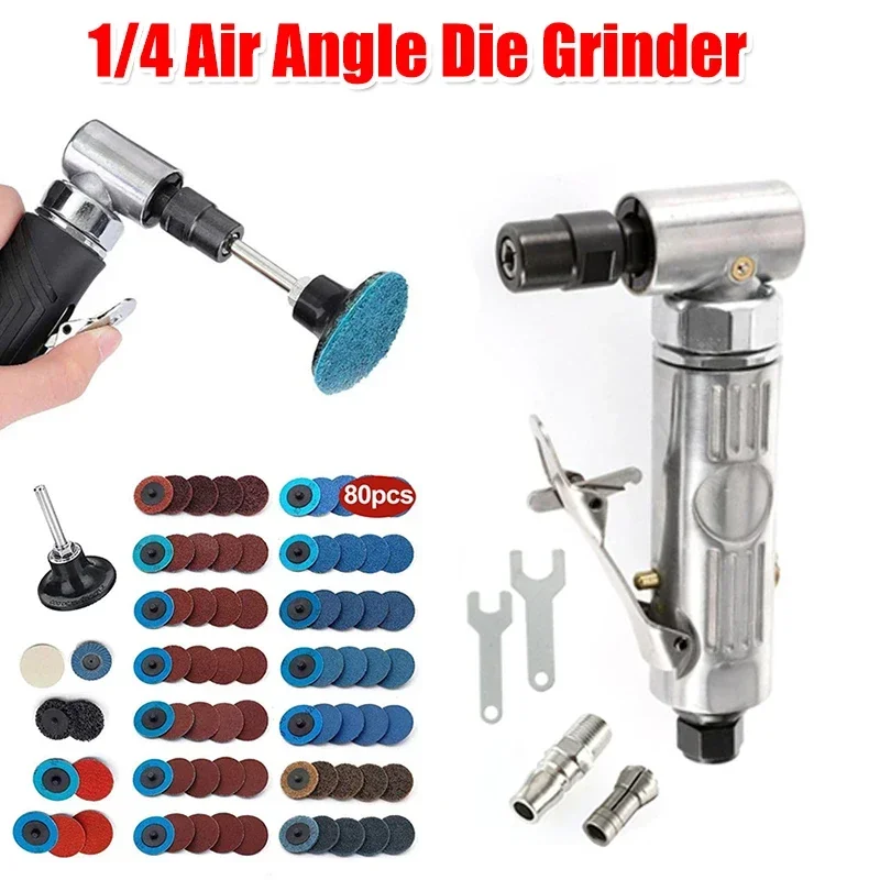 1/4 Air Angle Die Grinder 90 Degree Pneumatic Grinding Polisher Mini Portable Mill Engraving Machine with Sanding Discs Tool Set