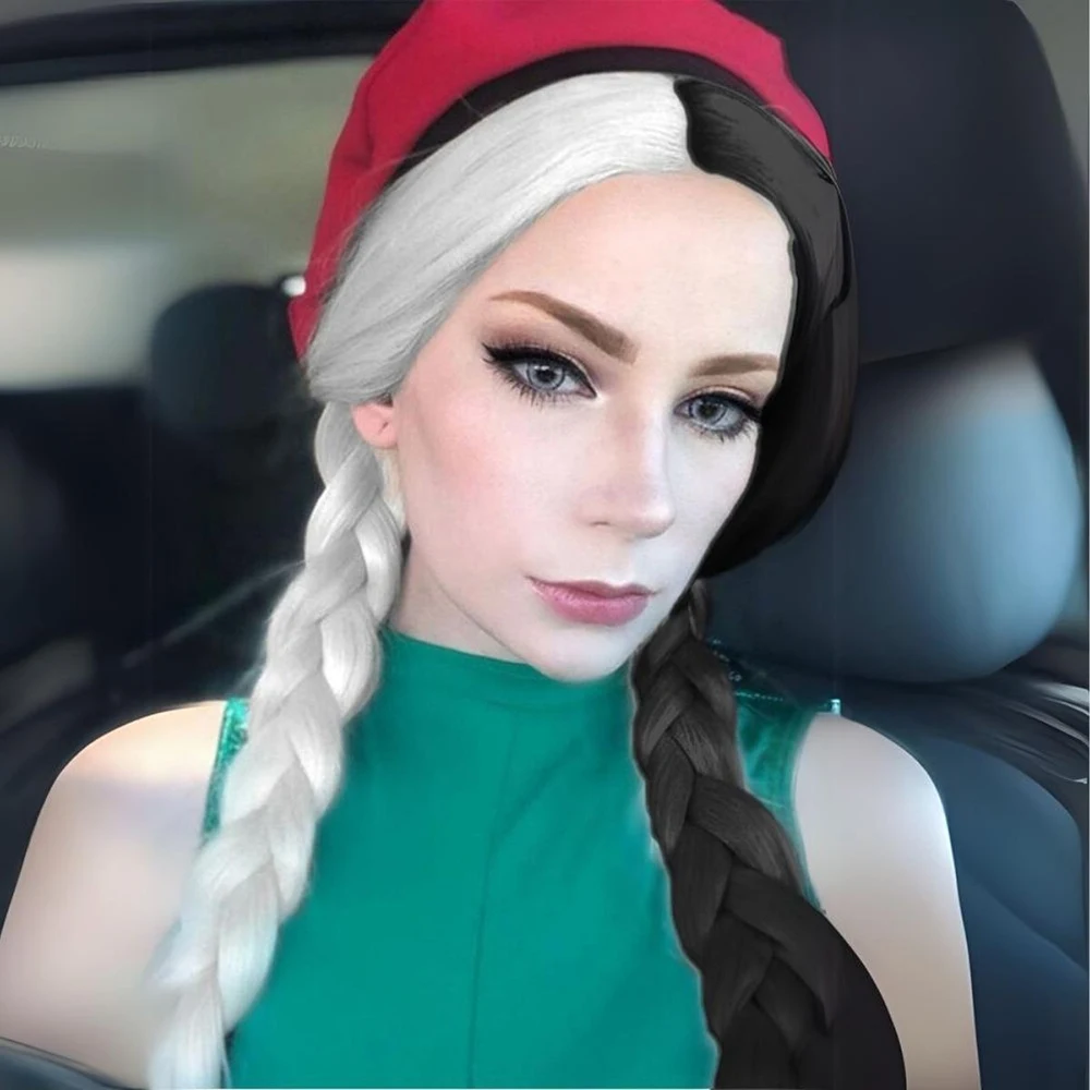 Center Parting Black and White Braid Anime Game Cosplay Wig Fashion Woman Long Hair Festival Party Button Net Whole Wig