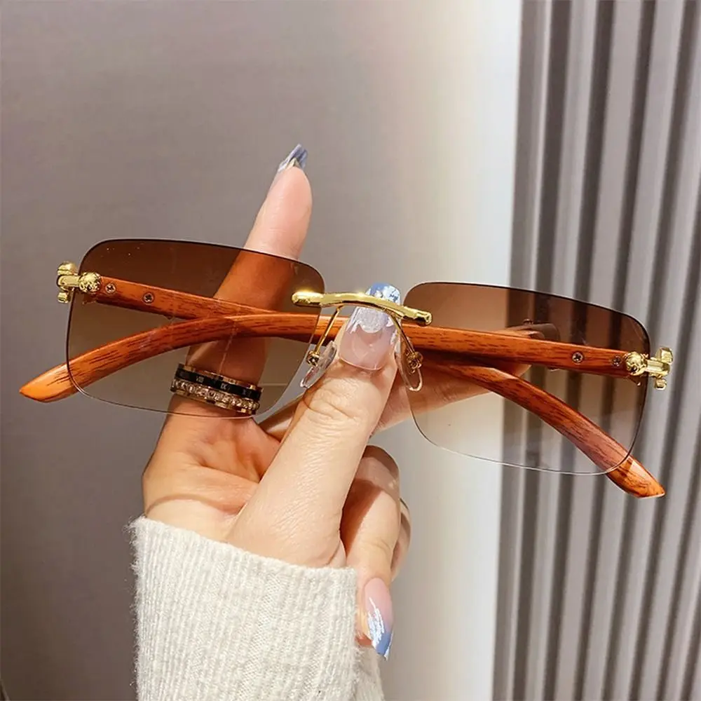 

New Vintage Rimless Sunglasses Cheetah Decor UV400 Square Shades Gradient Eyewear for Women & Men