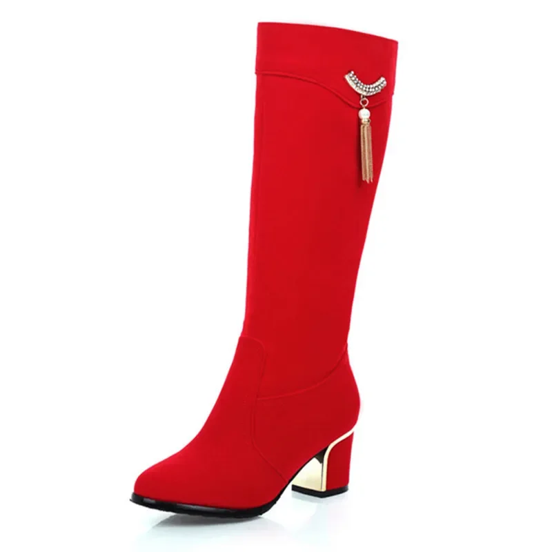 Autunno inverno stivali alti al ginocchio donna nero rosso gregge stivali alti da donna di lusso Casual tacchi bassi moda scarpe lunghe da festa