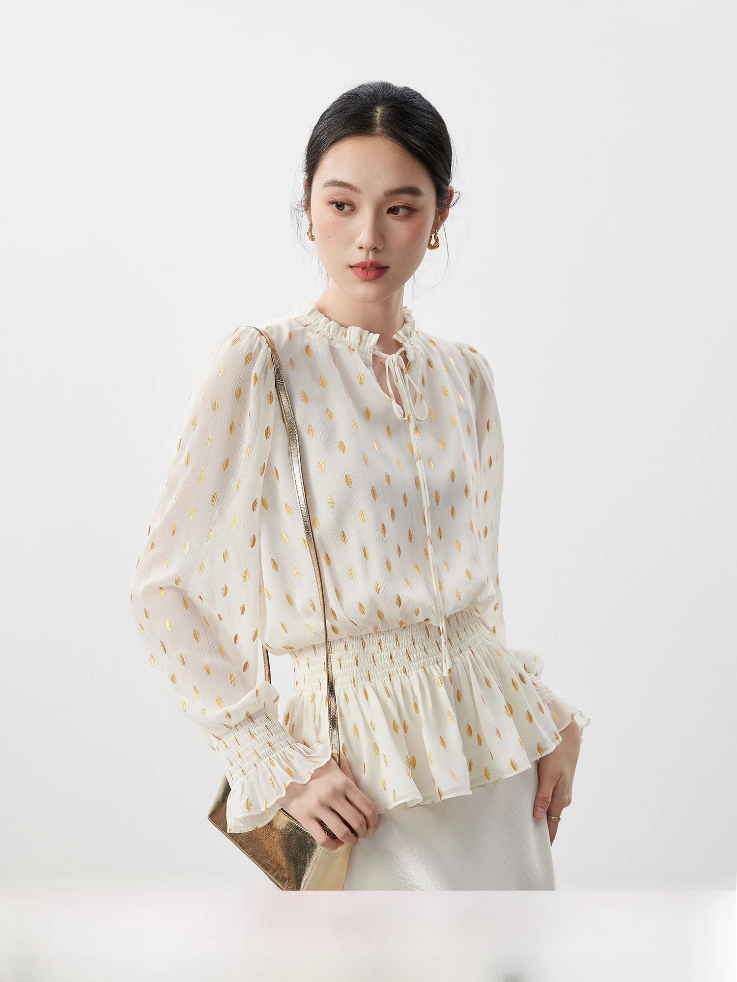 

Golden Leaf Pattern Women's Shirt Spring New Style Waist Cinching Long Sleeve V-Neck Regular Length Fashionable Gentlewoman