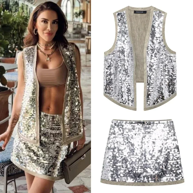 

ZBZA Women's Sequined Vest Skirt Suit Y2K Shiny V Neck Open Front Crop Top Hidden Zipper High Waist A-line Skirt Summer Chic Set