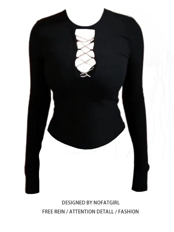 

plus Size Women's Sexy Crossed Strap Long Sve T-irt Autumn Winter Layering Design Base irt Korean Sle Slim Fit round...