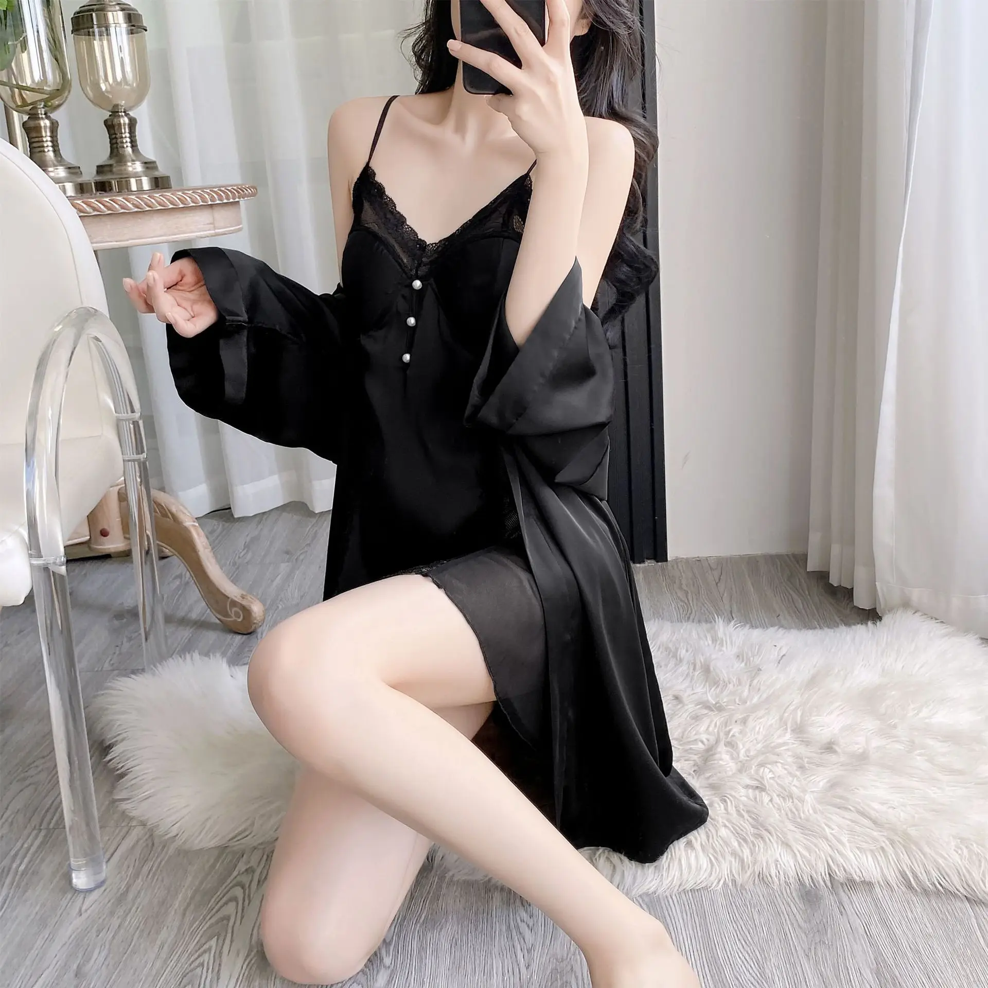 

Сексуальный лоскутный кружевной комплект из 2 предметов, ночная рубашка, новая летняя женская одежда для сна, интимное белье, шелковое атласное домашнее платье, одежда для дома