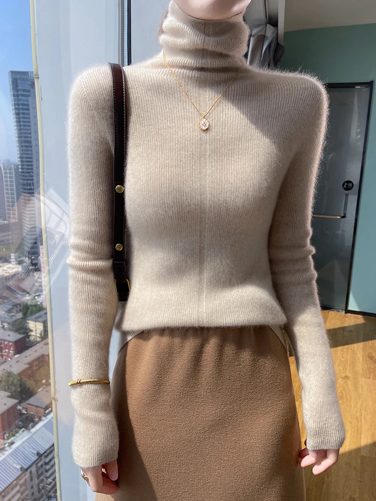 

Women's Cashmere Sweater Slim Fit Pile Neck Pullover Autumn Winter 100% Merino Wool Base Layer Knitwear Korean Popular Soft Tops