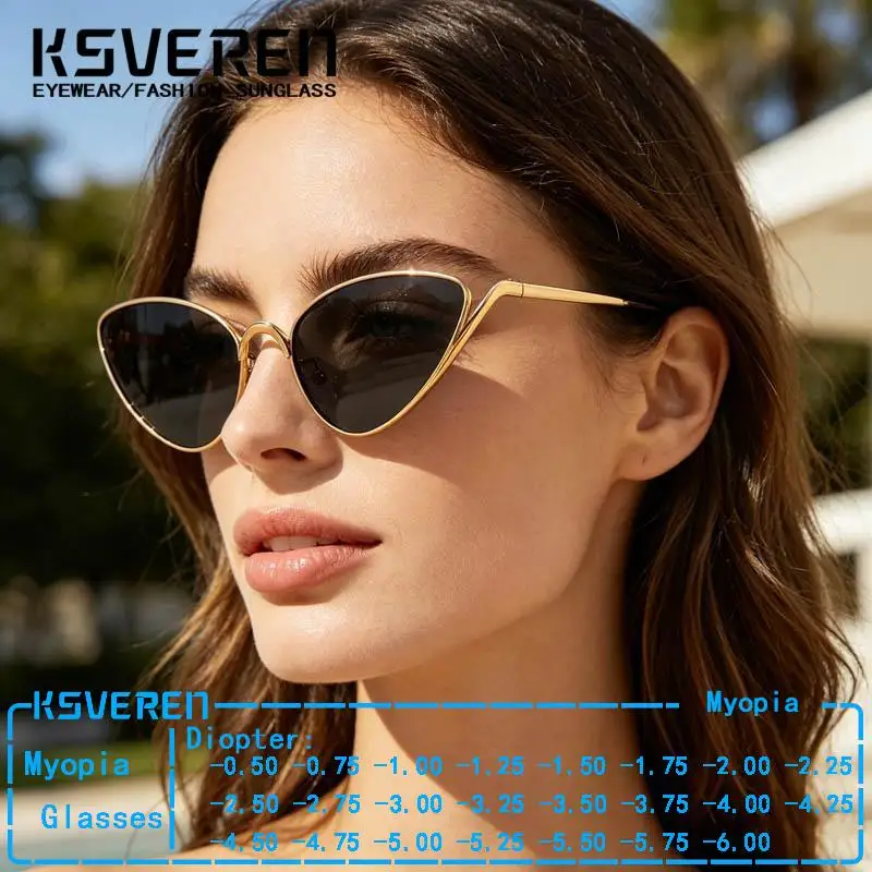 Dreieckige Katzenaugen-Sonnenbrille aus Metall für Damen, trendige Fertigbrille mit Sehstärke, Outdoor-Sonnenschutz-Brille, negative Dioptrien