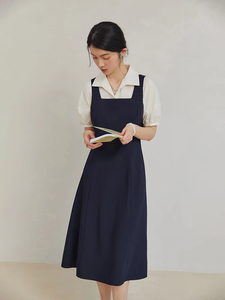 ZIQIAO Elegant Retro Suspender Dress for Female Summer Chic Sense Commuter Casual Navy Blue A-Line Strap Sress for Women