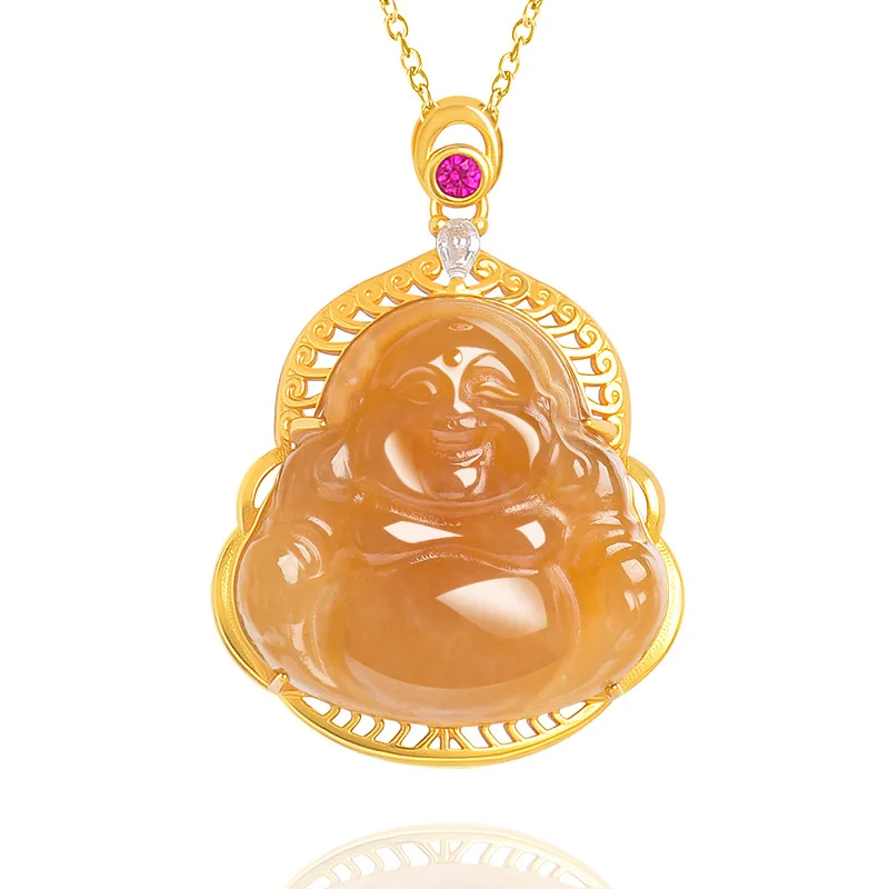 Natural Hetian Sugar Yellow Laughing Buddha Jade Pendant With S925 Silver Inlay, Necklace Men And Women