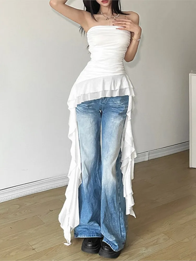 

Women's solid color slim fit street fashion one-neck sleeveless pleated top Trendy Piglet breast sleeveless Hot girl style