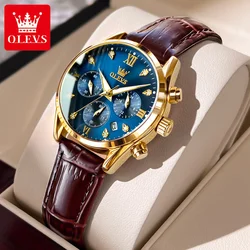 OLEVS Quartz Women's Watch Multifunctional Chronograph Waterproof Luminous Leather Strap Waterproof Luxury Elegant Ladies Watch