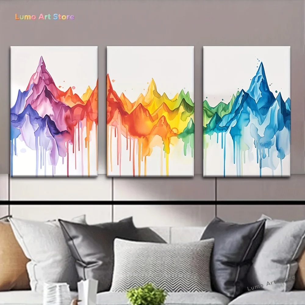 2D 3pcs/Set, Canvas Painting--Unframed, Dripping Mountains in Watercolor Style, Artist Drawing Set, Living Room, Library, Off