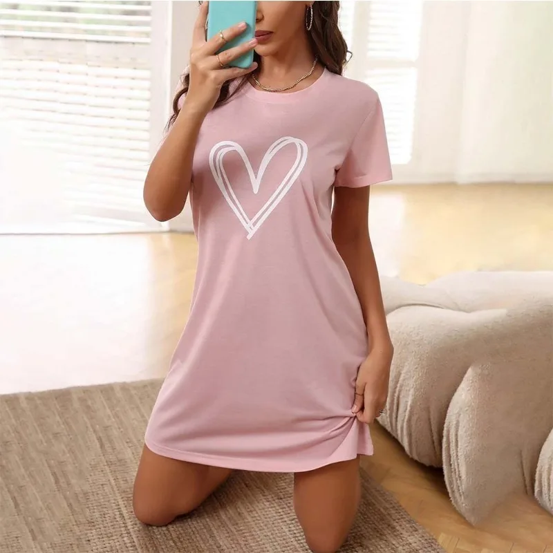 

1pcs Women's Heart Print Short Sleeve Nightgown Comfortable Home Sleepwear Casual Loungewear Dress