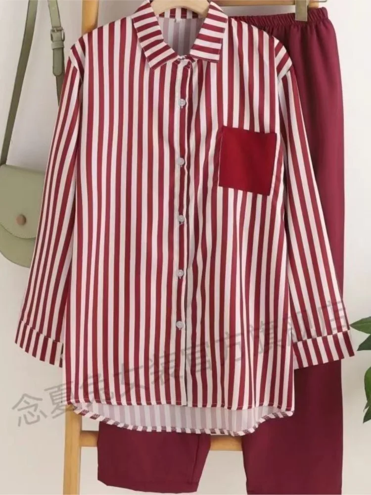 Frühling Herbst Mode Druck Gestreiftes Hemd Langarm Anzug frauen Casual Lose Einfache Urlaub Weibliche Büro Hosen 2-stück Sets