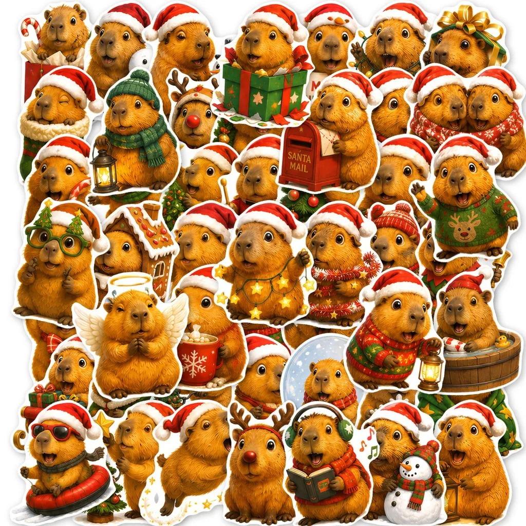 50Pcs Capybara Christmas Cartoon Stickers, X‑mas Themed Decals for Journal Collage & DIY Golden Memory Stickers Store
