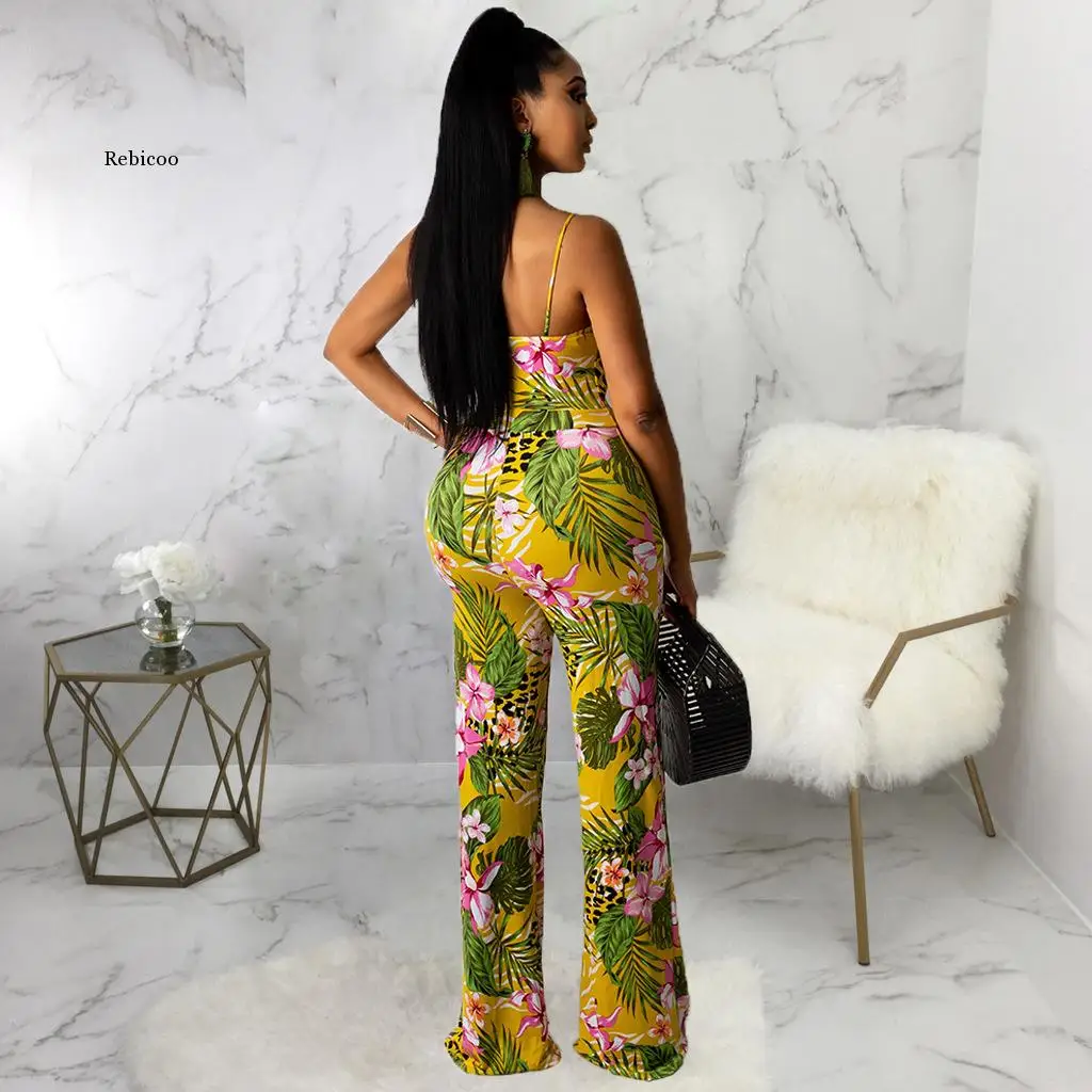 2022 Summer Women Jumpsuit Print Sleeveless Strap V-neck Bandage Hollow Out Stretchy Wide Leg Jumpsuits Sexy Fashion Outfit