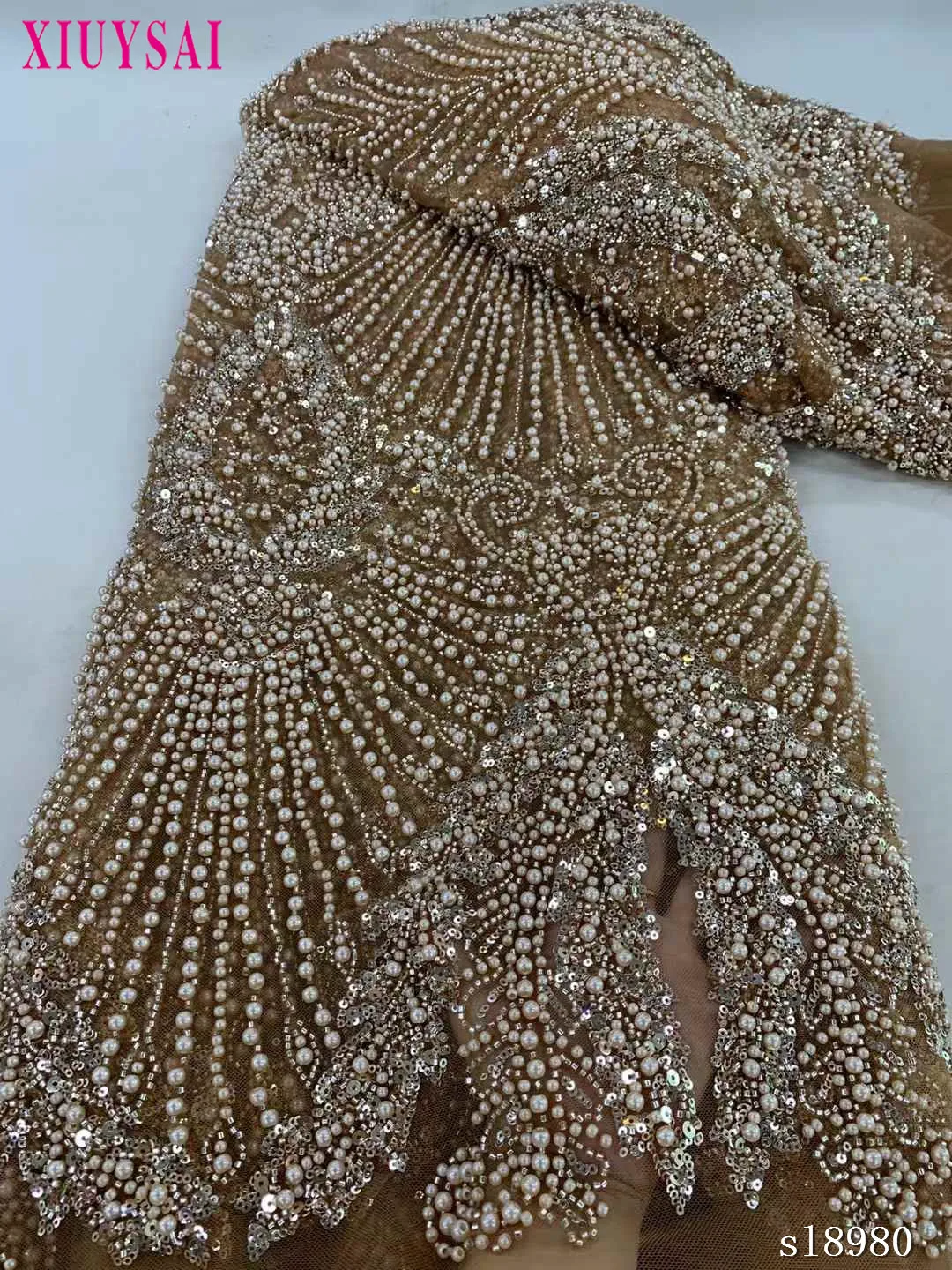 5 Yards African Sequins Lace Fabric 2024 High Quality Lace Embroidery Beaded Mesh Fabric For Women Wedding Party Dress