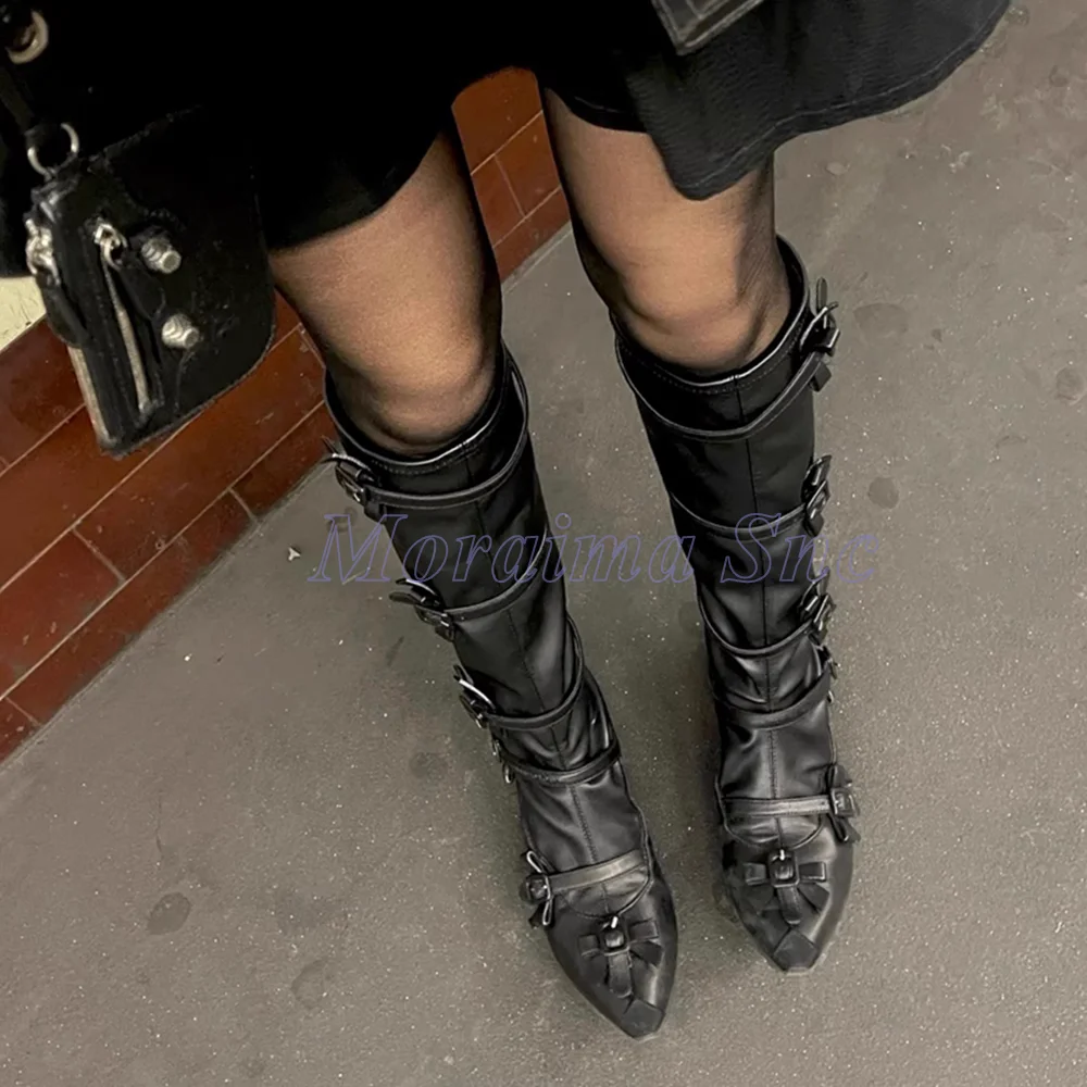 

Butterfly Knot Belt Buckle Knee High Boots Strange Mid Heel Slip On Fashion Lolita Women's Long Modern Boots Autumn Winter 2026