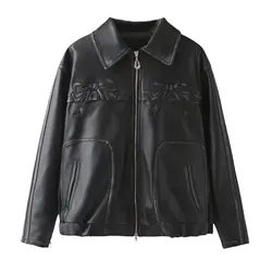 Spring and Autumn Women's Bow Embroidered Leather Jacket