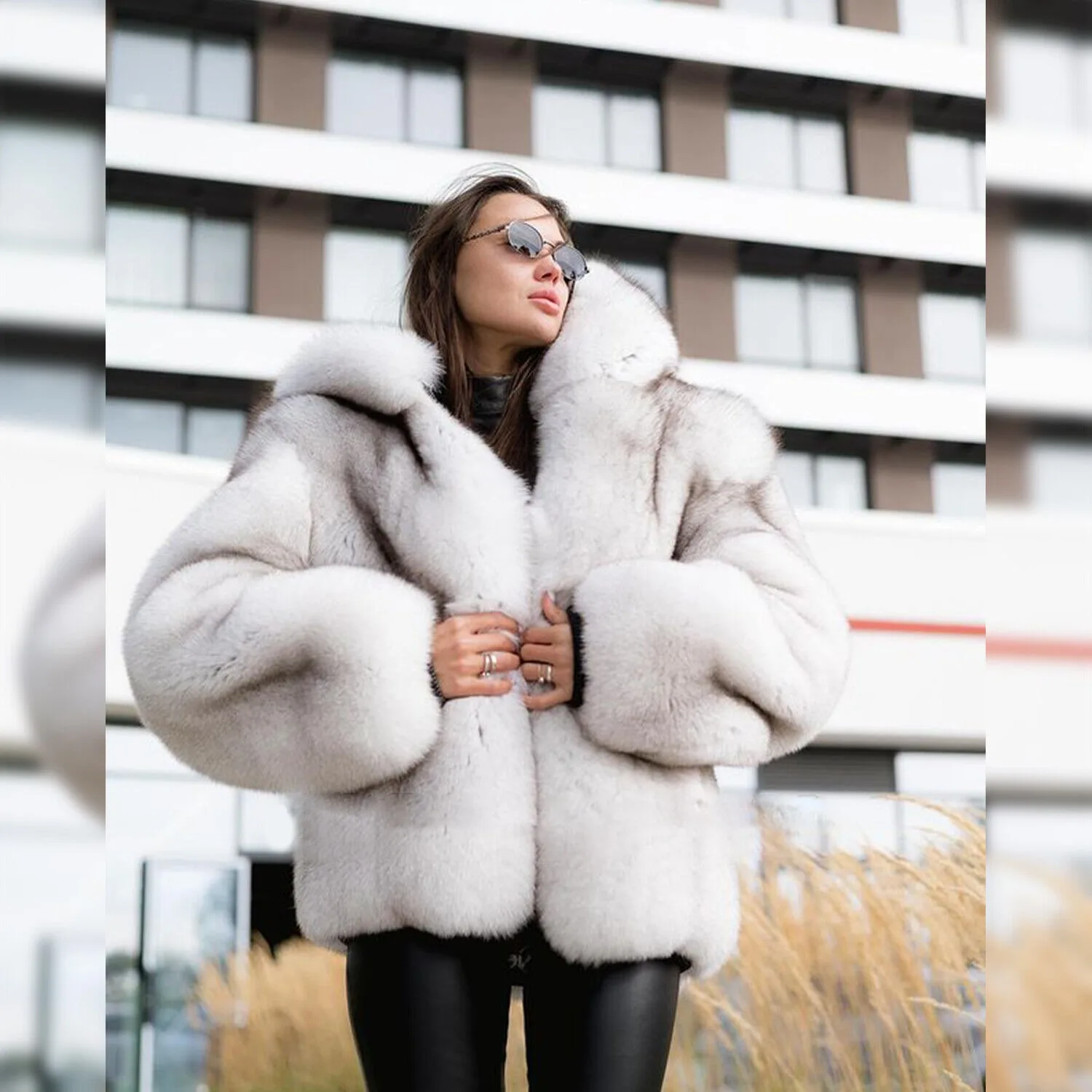 Womens Natural White Real Fox Fur Coat Hooded Bomber Jacket Warm Short Outwear trend odzieży damskiej 2024 Nowość w płaszczach Kurtki