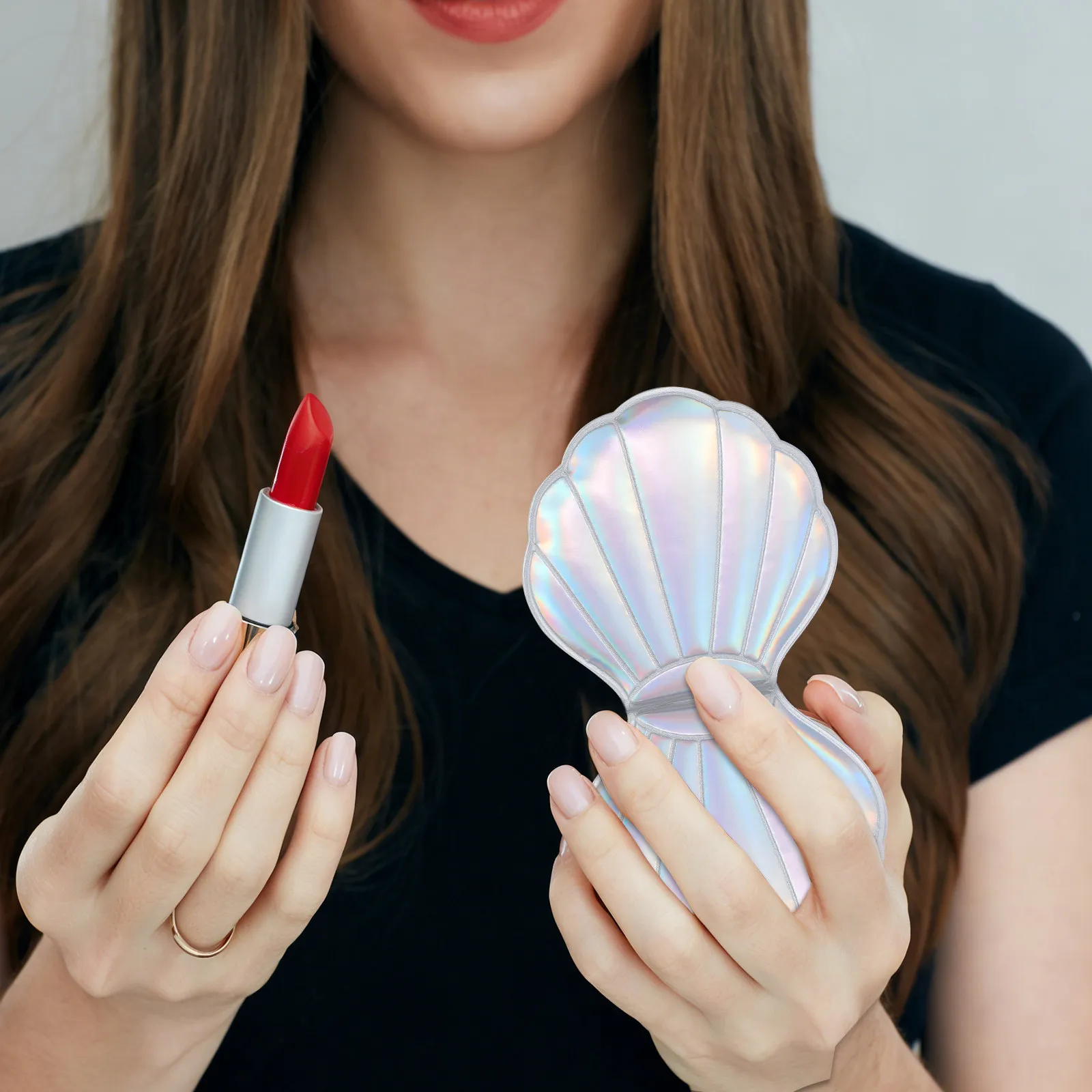 Compact Double Sided Shell Makeup Mirror with PU Case Holographic Finish Foldable Pocket Size Hd Mirror for Women Ladies