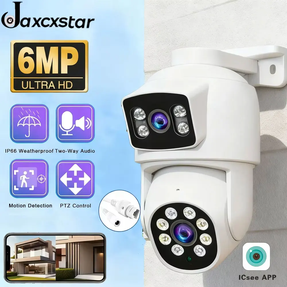 6MP Dual-Lens PoE Security Camera PTZ Motion Tracking IP Camera Smart Detection Two-Way Audio Outdoor Camera