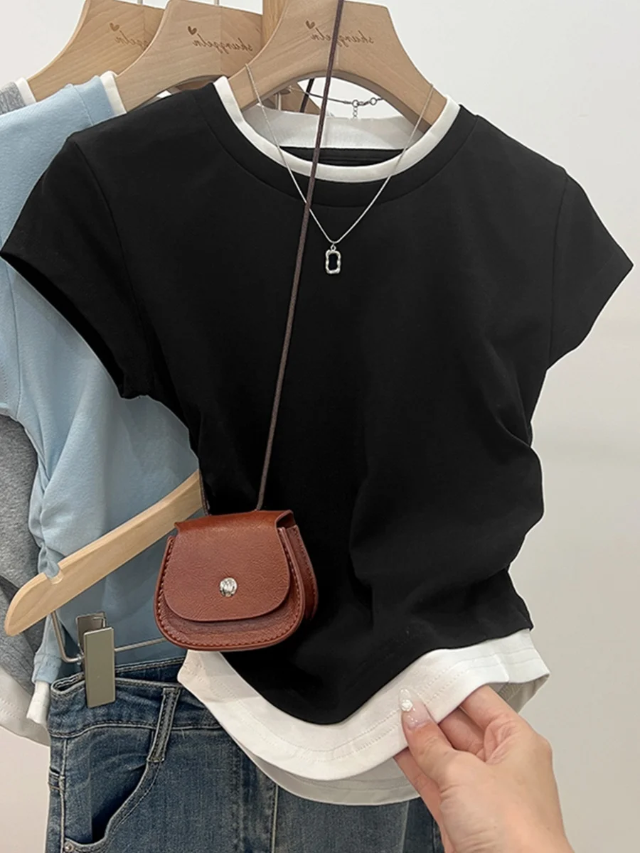 Chic Korean Sle ort Sve T-irt Women's Summer Slim Fit Waist Cinched Folded Hem Casual round Ne Top GIMA70