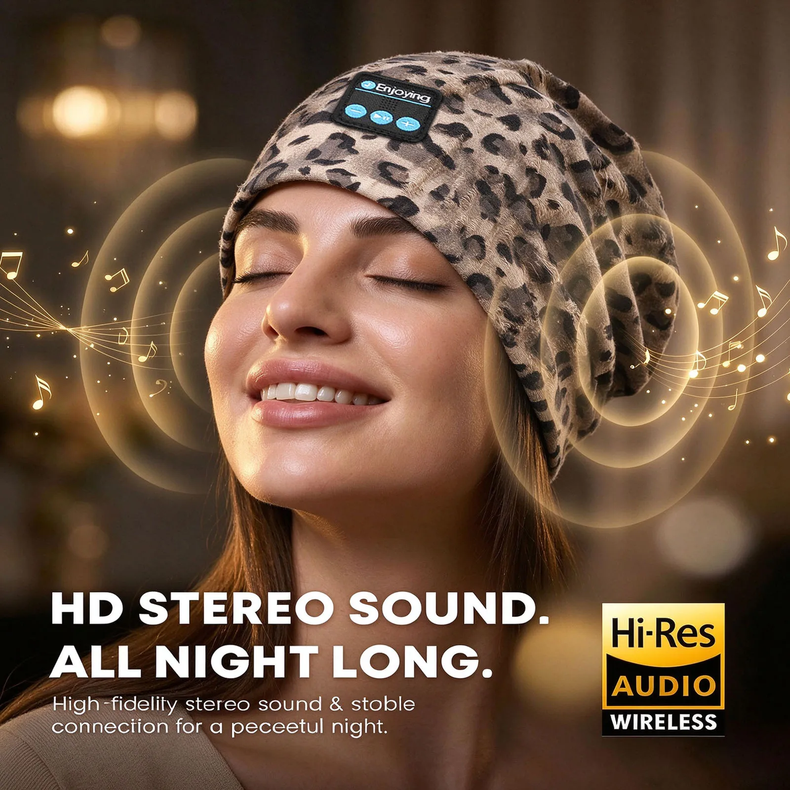 Wireless Stereo Bluetooth Headphone Smart Beanie Soft Leopard Cap Lightweight Running Earphone Headset Sports Music Hat for Gift