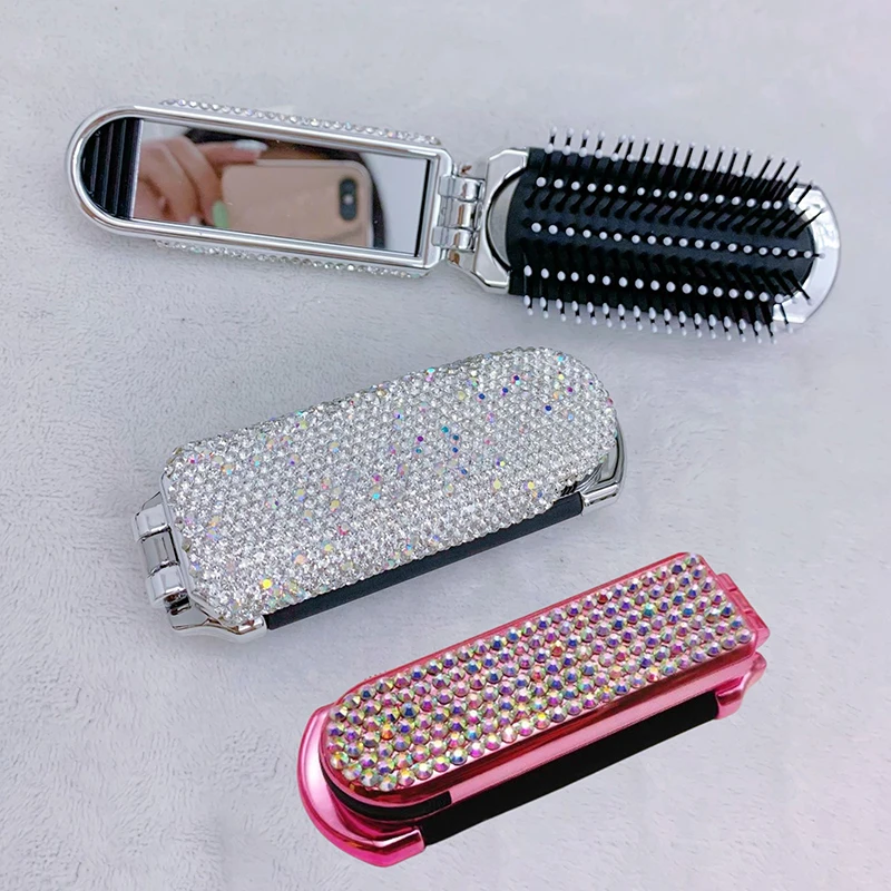 

Mini Hair Brush Diamond Folding Massage Comb Anti-Static Portable Travel Hair Brush Girl Hair Combs With Mirror