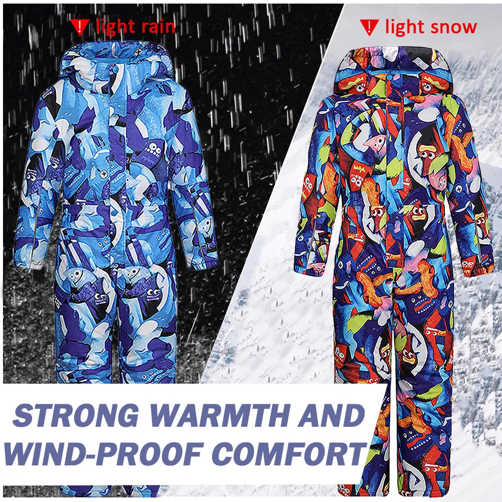 One-Piece Kids Skisuits Hooded Waterproof Windproof Snowboard Boys Snowsuit Winter Skiing Sports Wear Print Overalls Jumpsuits