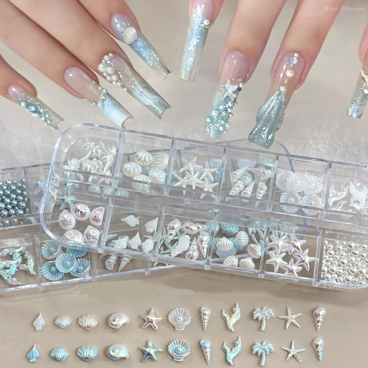 2 boxes of 12 cells Aurora Shell Starfish Resin Nail Ornaments Kit, Conch Coconut Shell DIY Press on Nail Decoration Rhinestone Nail Art Ornaments Set Box