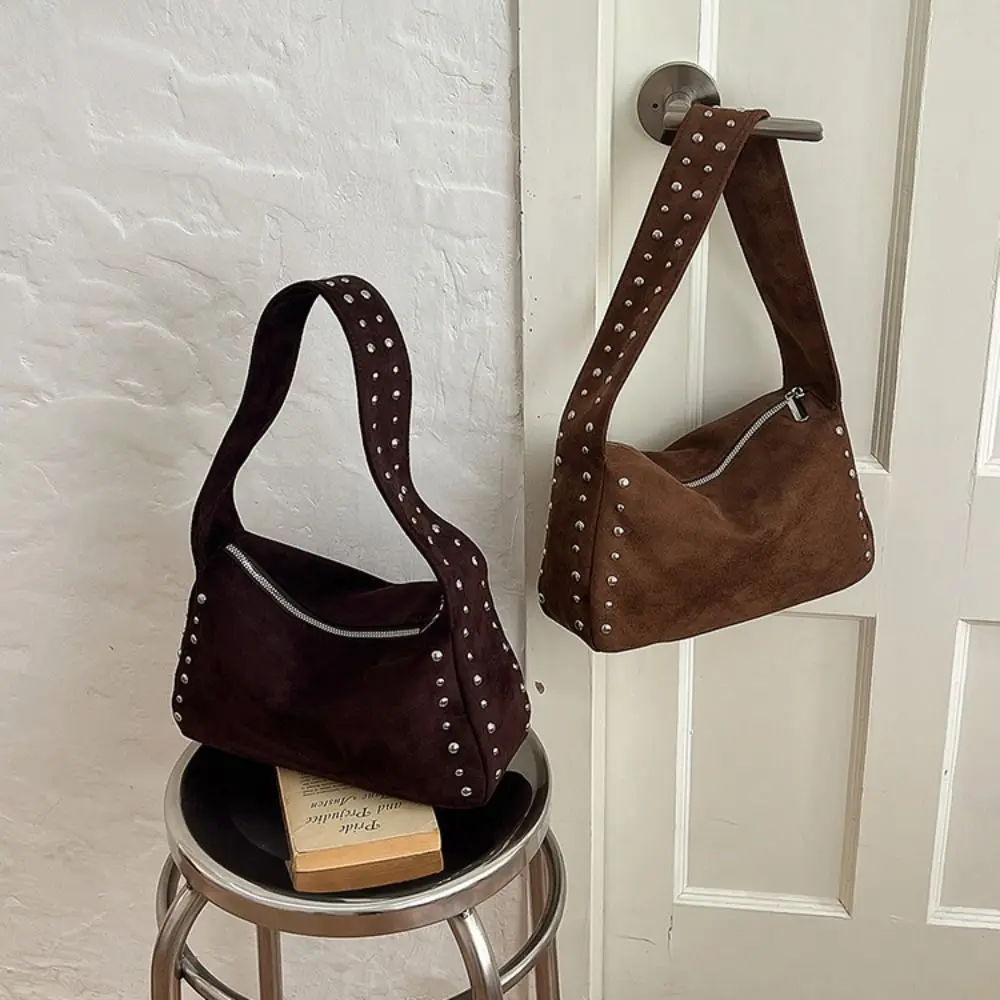 Solid Color Women's Shoulder Bag Suede Leather Large Capacity Underarm Bag All-match Style Rivet Design Travel Handbag