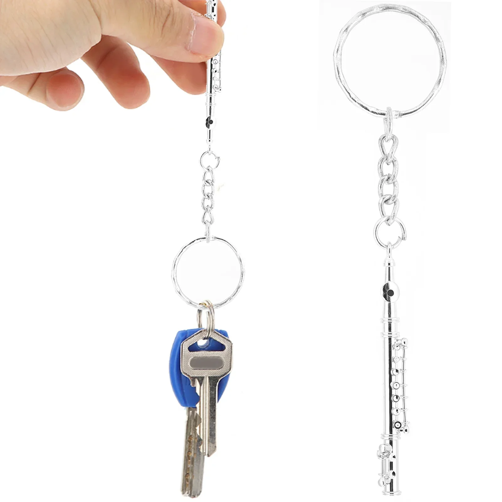 Silver Flute Keychain Metal Key Ring Gift Decoration Mini Musical Instrument Ornaments