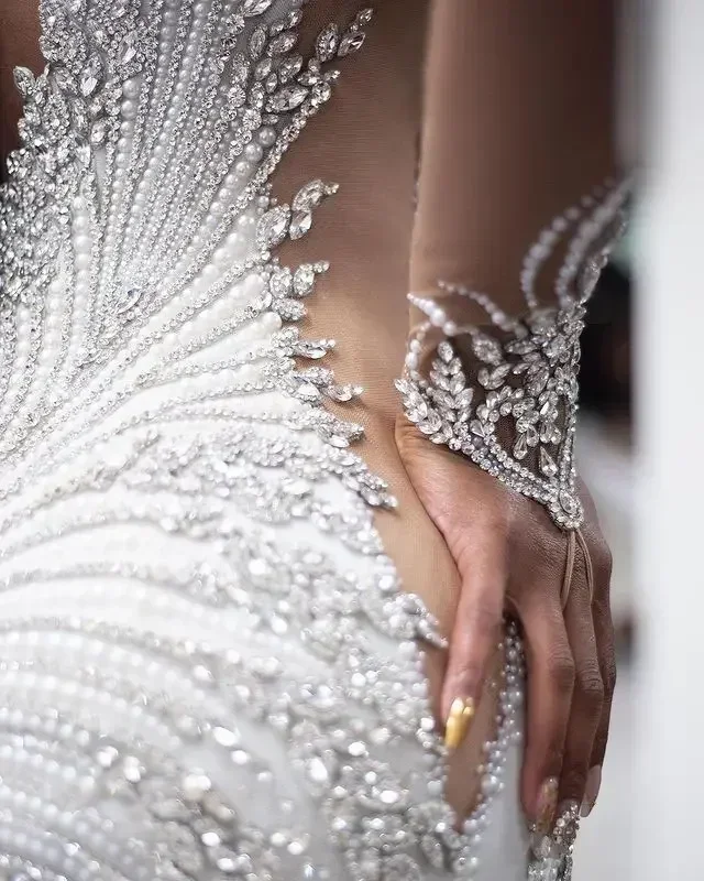 Customized Plus Size Arabic Aso Ebi Luxurious Mermaid Sexy Wedding Dress Beaded Crystals Pearls Backless Long Sleeves Detachable