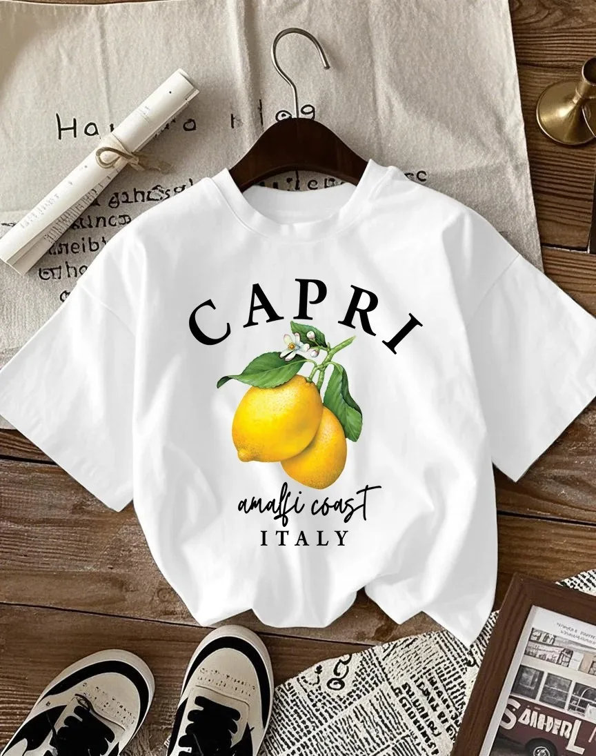 Vintage Lemon Fruit Graphic T-Shirt Amalfi Coast Italy Aesthetic Tee Summer Short Sleeve Casual Fashion Women Top