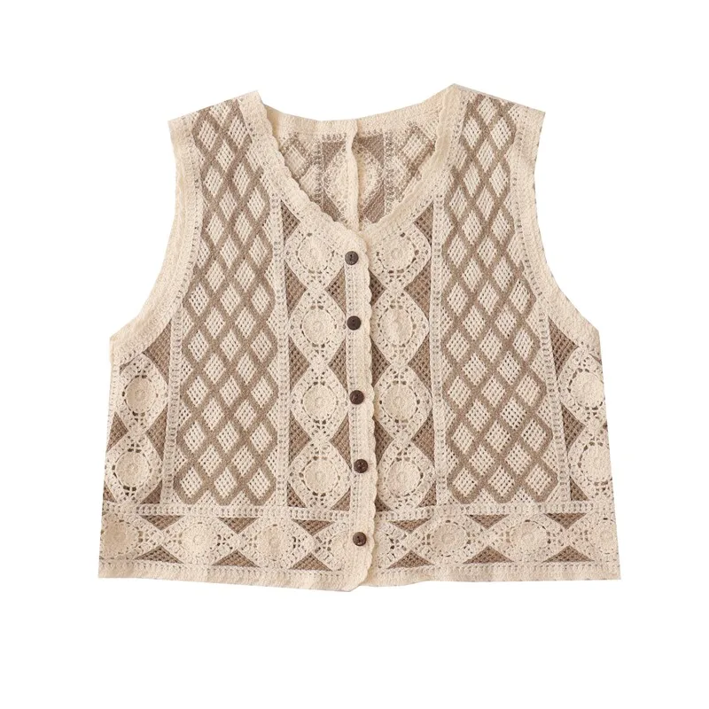 Boho Argyle Button Down Crochet Vest for Women Sleeveless Cardigan Openwork Knit Waistcoat Summer Vintage Vacation Beach Outfit view 3